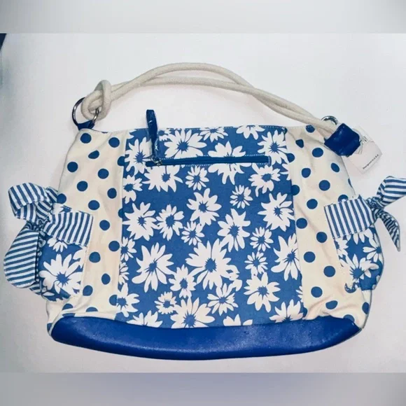 Ciro Citterio Canvas Tote Bag Blue/White w 22" Rope Handle Bows Sides and Front - Picture 2 of 12